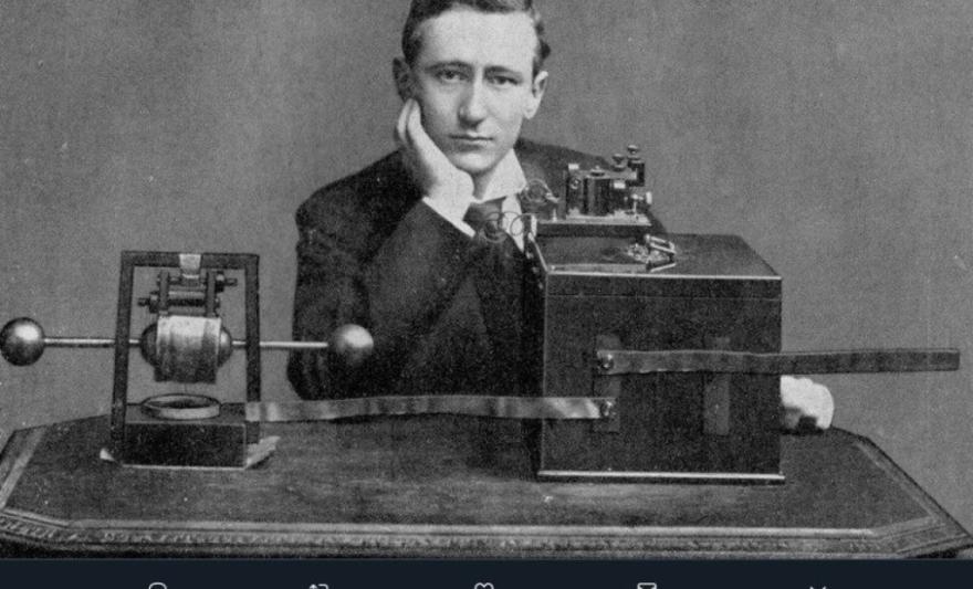 Guglielmo Marconi ze swoim wynalazkiem – rok 1899